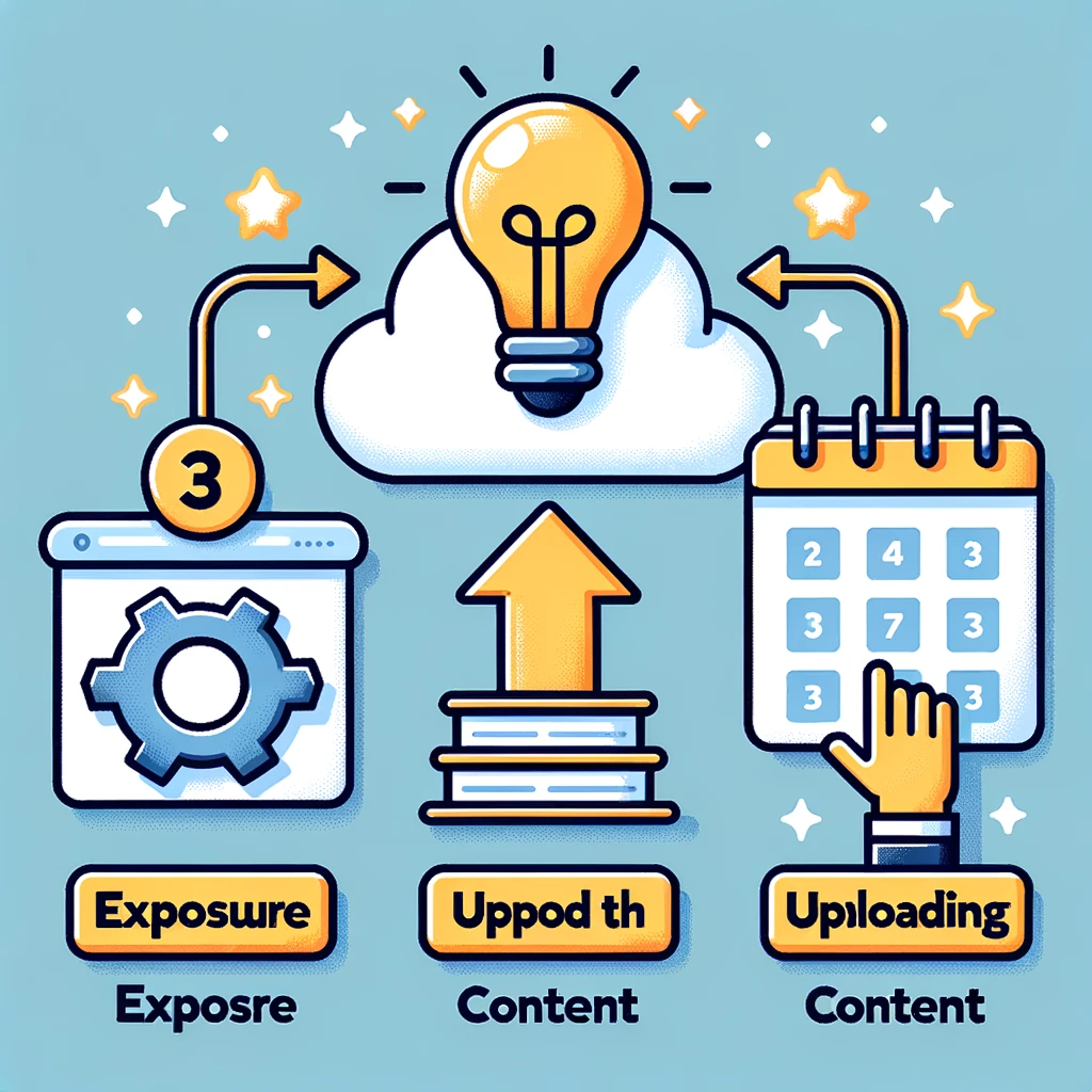 - Vector graphic of a three-step process to embark on an informed SEO campaign. Step 1 titled 'Exposure' has a lightbulb symbolizing new ideas and strat